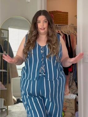 Sleeveless Blue Stripe Tie-Front Linen Pant / Vest Set
